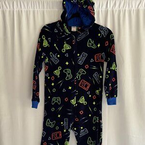Kids Navy Blue Gaming Print One Piece fleece pajamas M 8/10 - 371